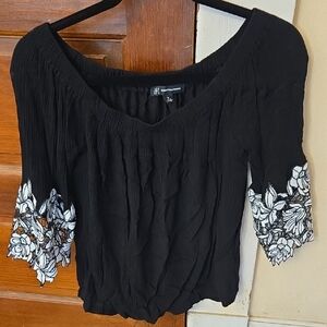 INC International Concepts Black Blouse with White Floral Sleeves